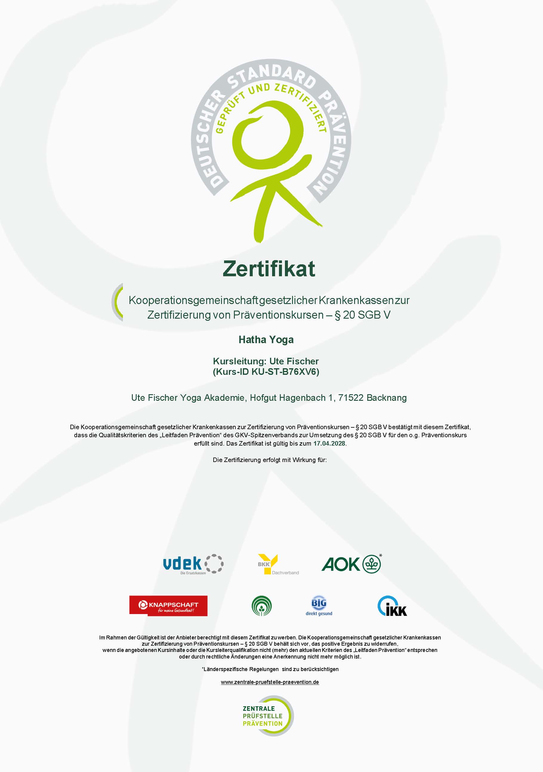 Präventionskurs 8 Wochen Start 23./24./25. September oder mit Teilnahme an der ersten Klasse